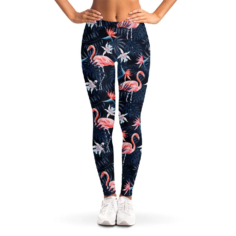 Dark Tropical Flamingo Pattern Print Women's Leggings