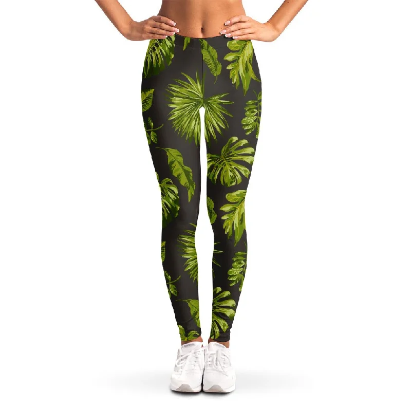 Instant Savings Dark Tropical Leaf Pattern Print Women's Leggings