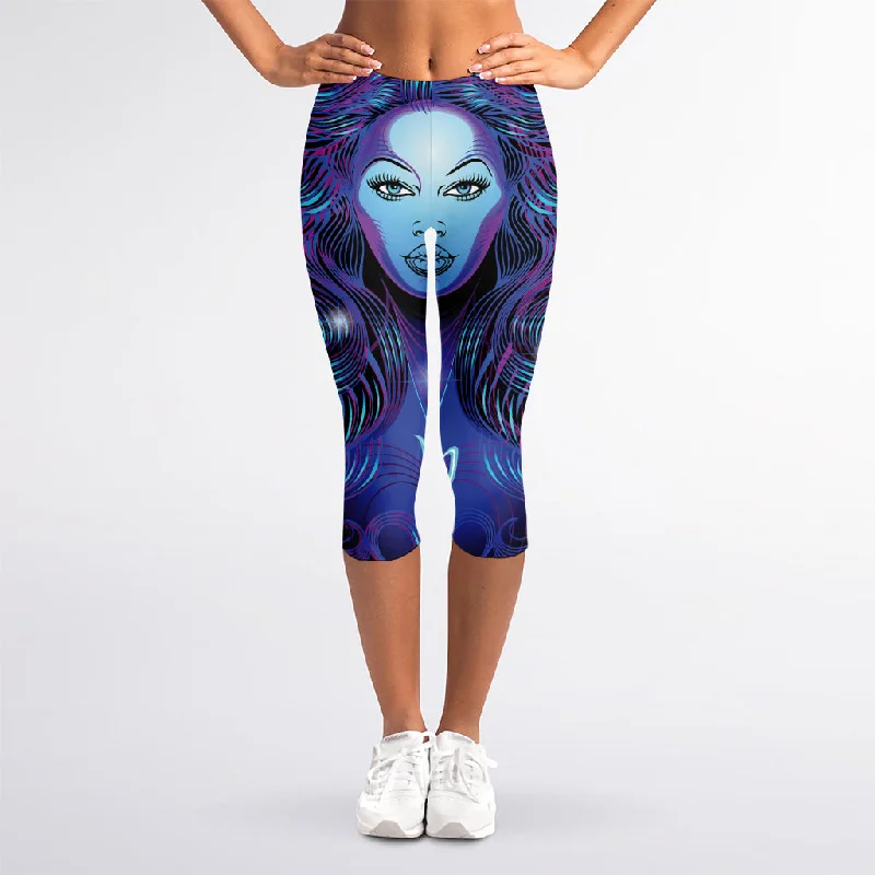 Dark Virgo Zodiac Sign Print Women's Capri Leggings