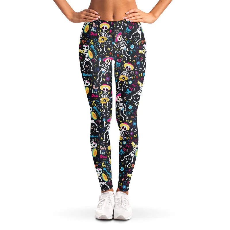 Day Of The Dead Mariachi Skeletons Print Women's Leggings