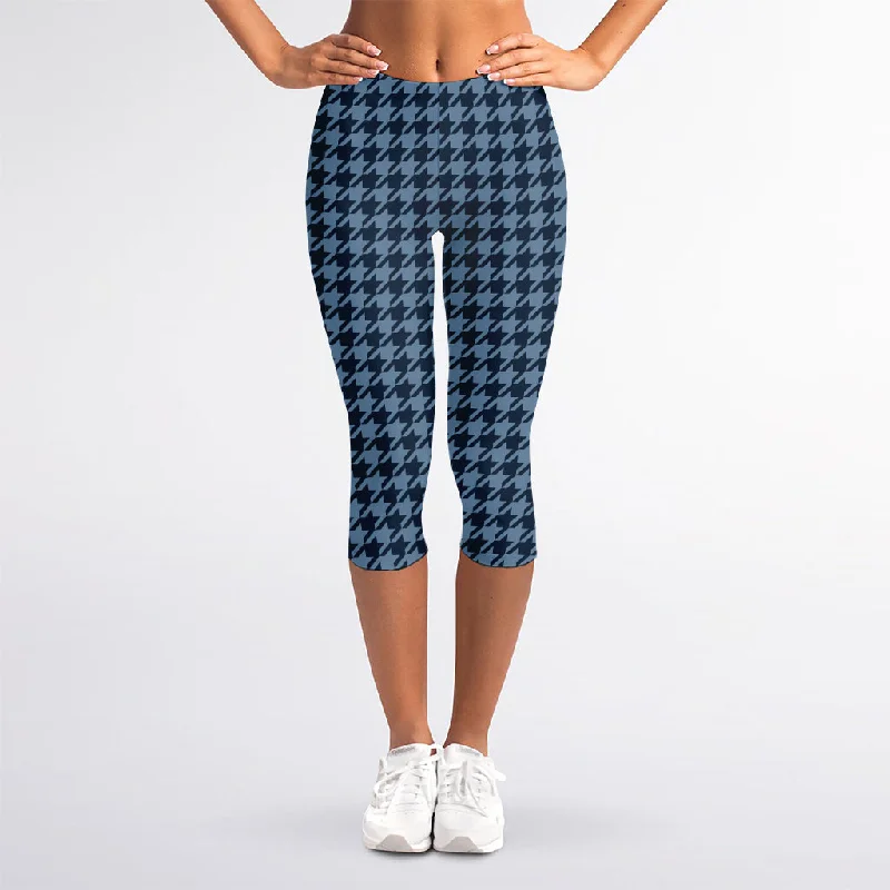 Deep Blue Houndstooth Pattern Print Women's Capri Leggings