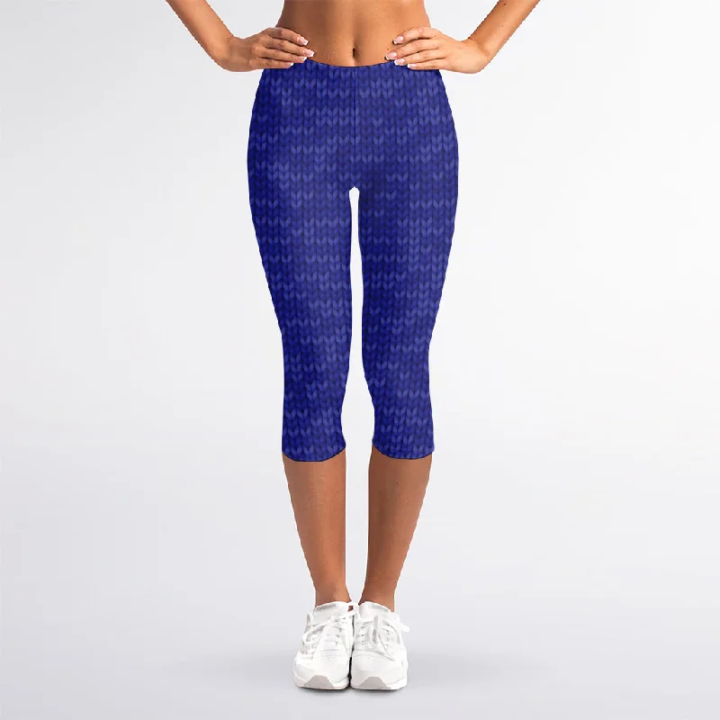 Deep Blue Knitted Pattern Print Women's Capri Leggings