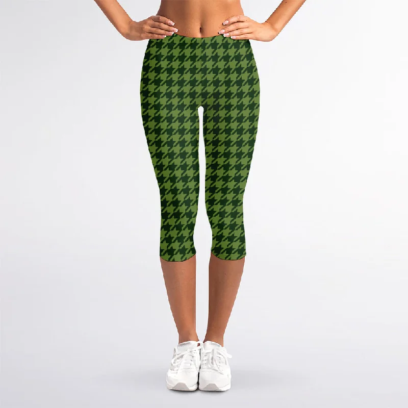 Deep Green Houndstooth Pattern Print Women's Capri Leggings