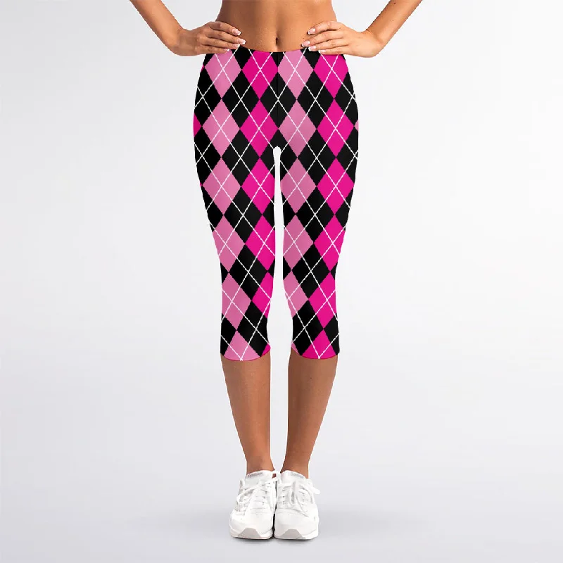 Deep Pink And Black Argyle Pattern Print Women's Capri Leggings