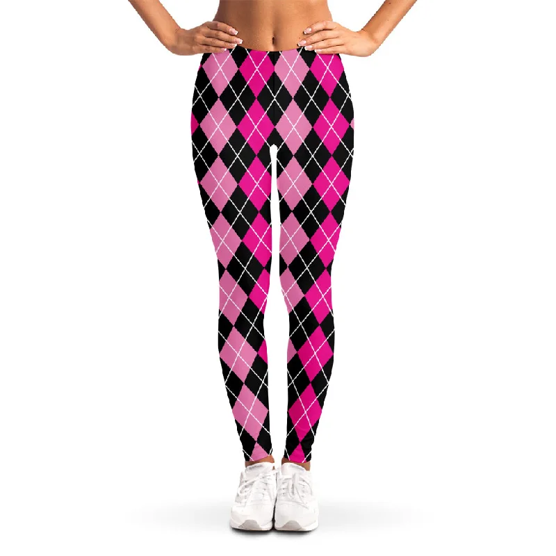 Deep Pink And Black Argyle Pattern Print Women's Leggings