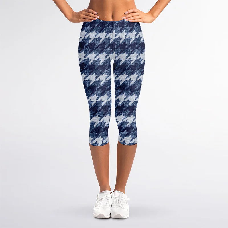 Denim Houndstooth Pattern Print Women's Capri Leggings