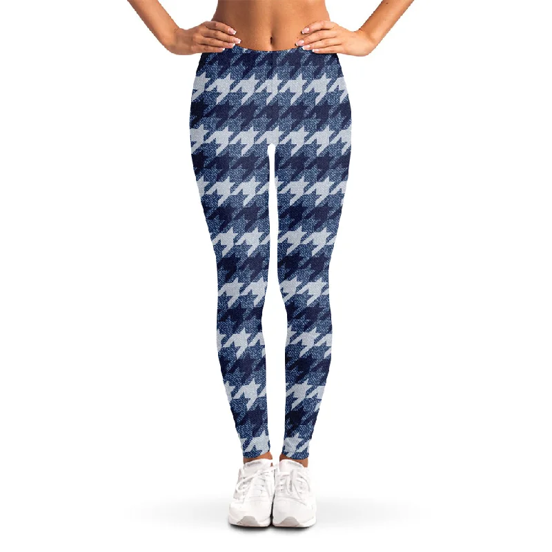 Denim Houndstooth Pattern Print Women's Leggings