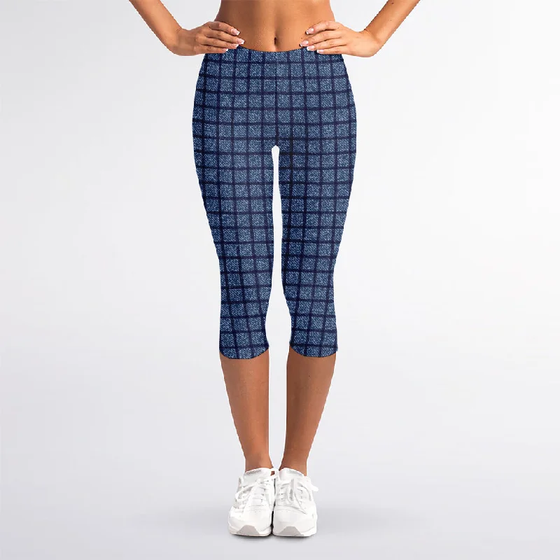 Denim Windowpane Pattern Print Women's Capri Leggings