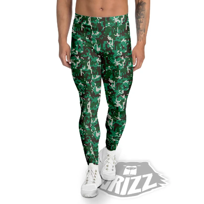 Midnight Madness Digital Camo White And Green Print Men's Leggings