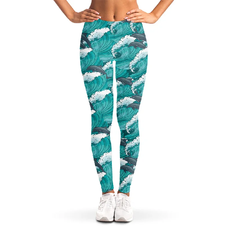 Dolphin Riding Waves Pattern Print Women's Leggings