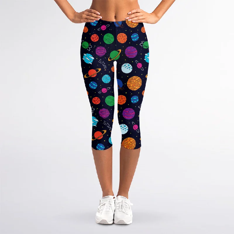 Doodle Planets Pattern Print Women's Capri Leggings