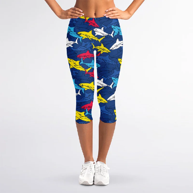 Doodle Shark Pattern Print Women's Capri Leggings