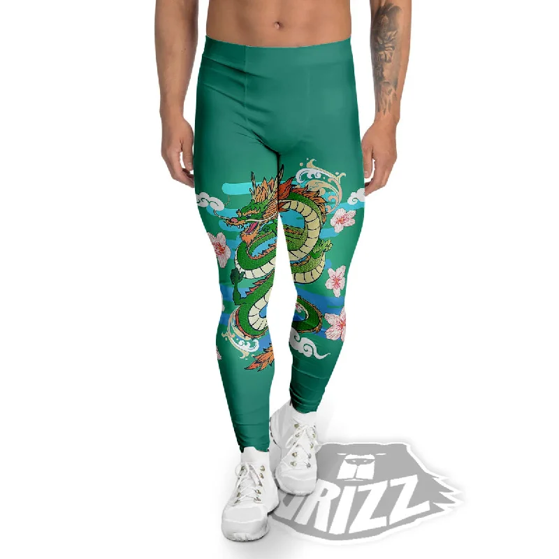 Steals and Deals Dragon Tattoo Green Japanese Print Men's Leggings