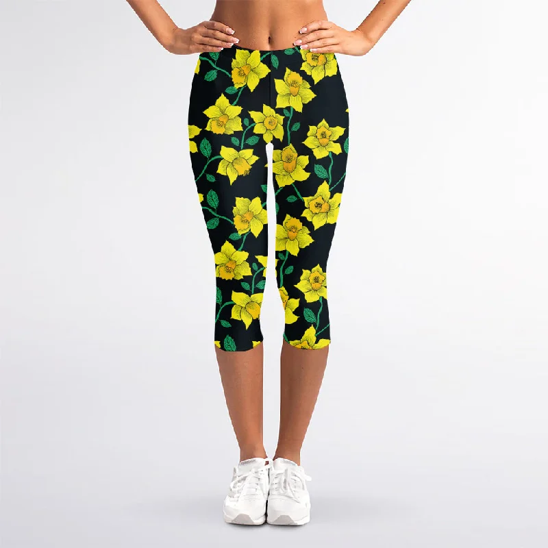 Drawing Daffodil Flower Pattern Print Women's Capri Leggings