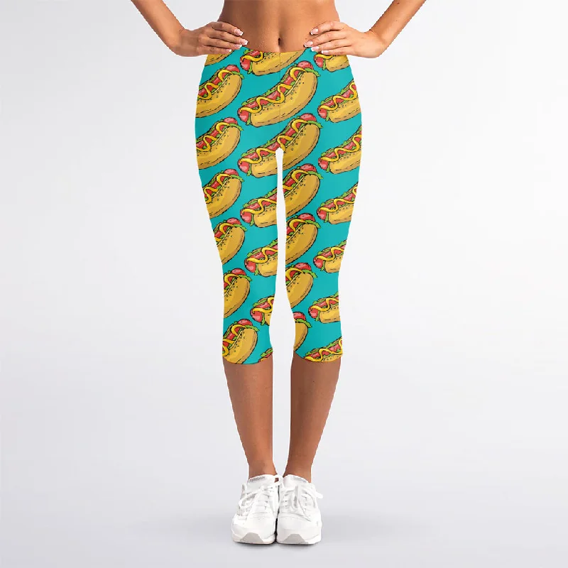 Drawing Hot Dog Pattern Print Women's Capri Leggings