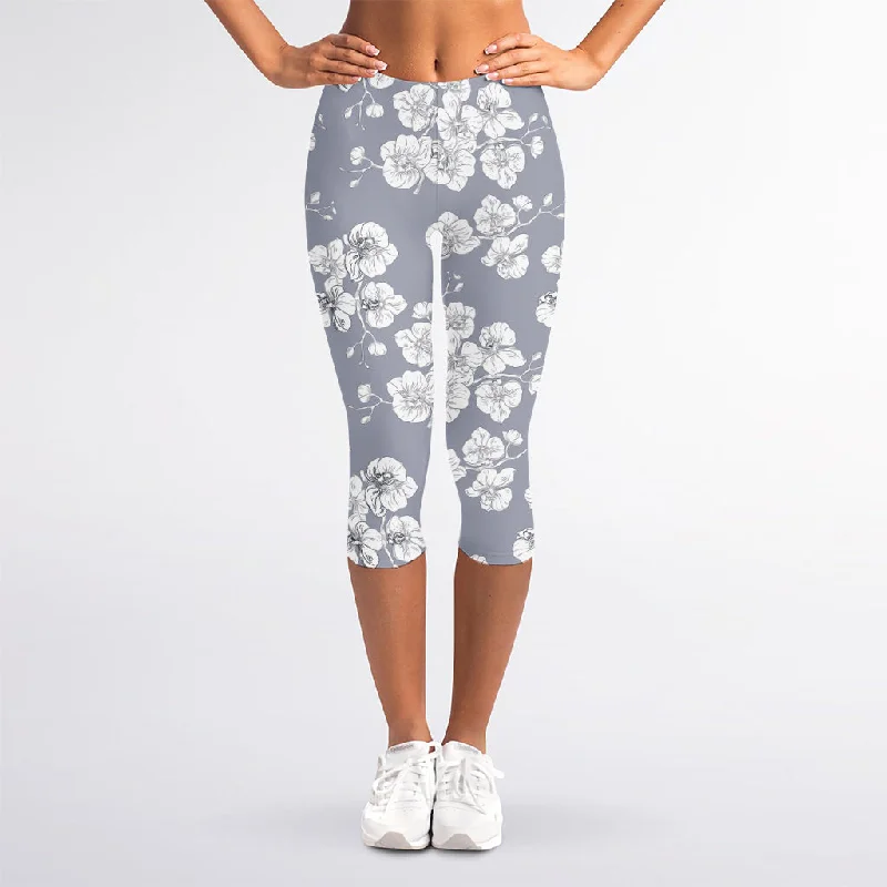 Drawing Orchid Pattern Print Women's Capri Leggings