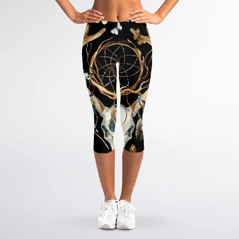 Dreamcatcher Deer Skull Print Women's Capri Leggings