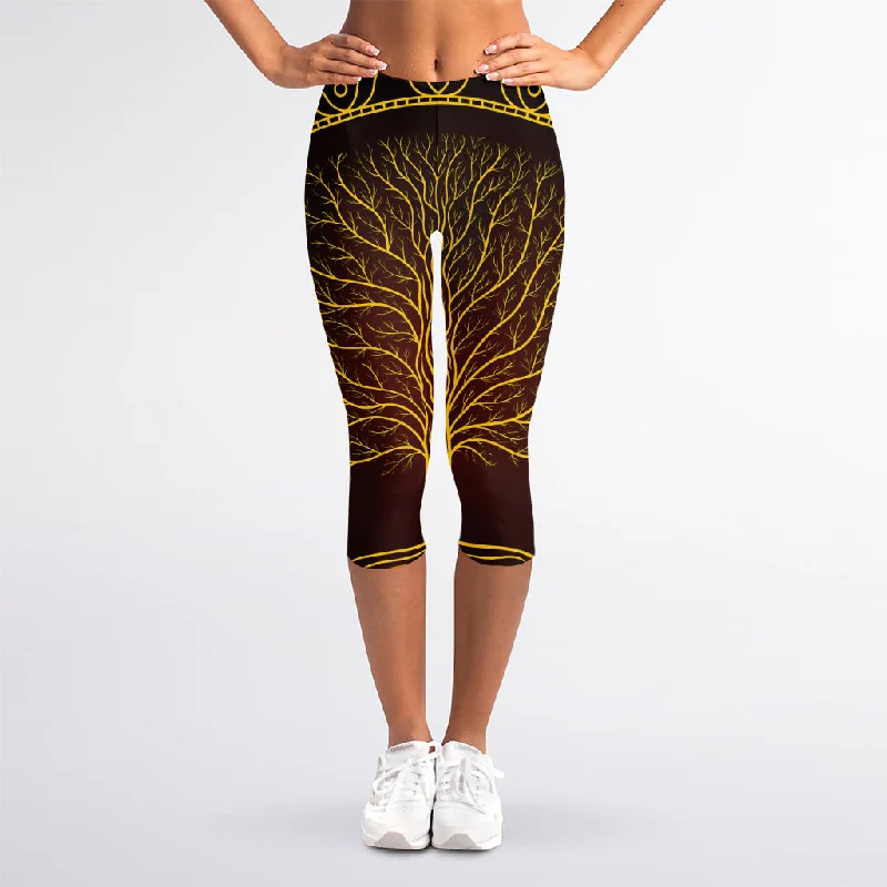 Druidic Yggdrasil Tree Print Women's Capri Leggings