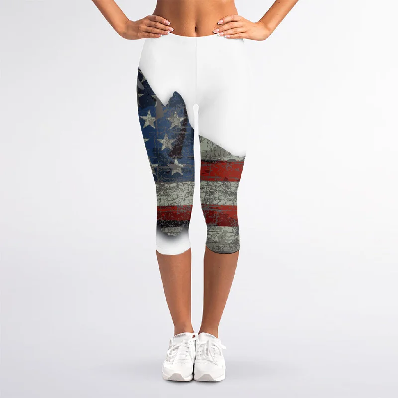 Eagle American Flag Print Women's Capri Leggings