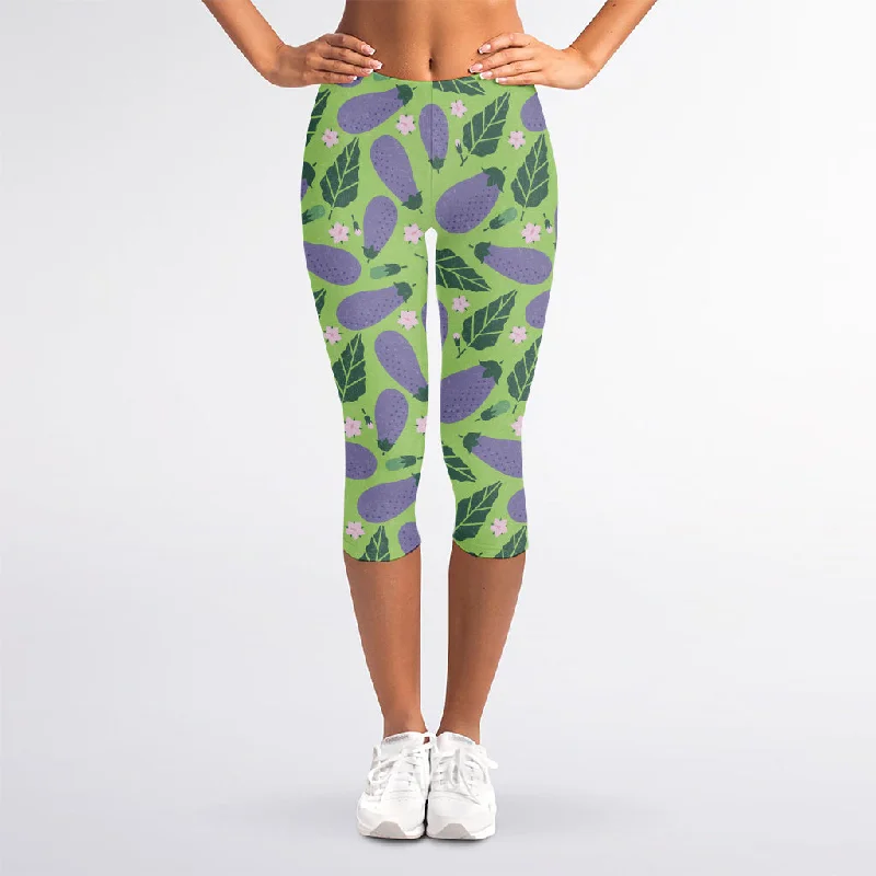 Eggplant With Leaves And Flowers Print Women's Capri Leggings