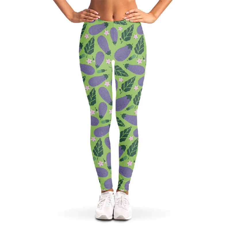 Eggplant With Leaves And Flowers Print Women's Leggings