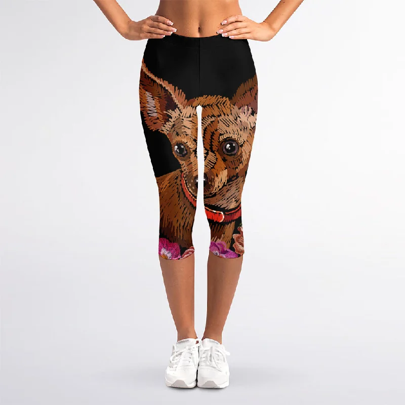 Embroidery Chihuahua And Flower Print Women's Capri Leggings