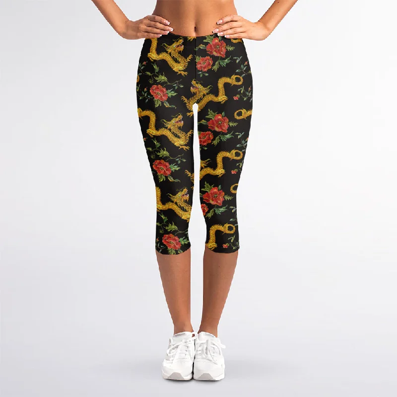 Embroidery Chinese Dragon Pattern Print Women's Capri Leggings