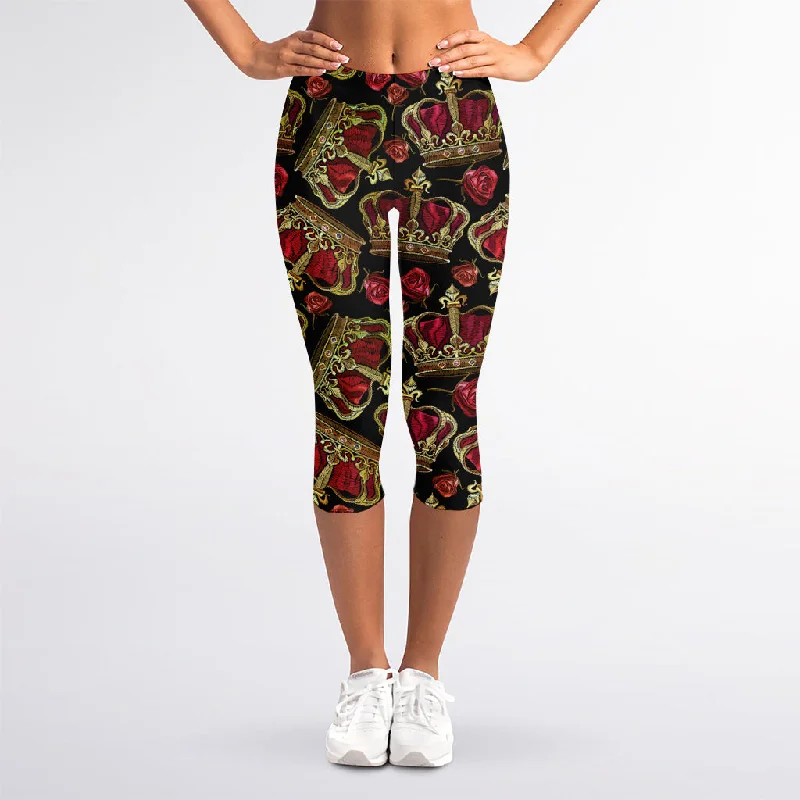 Embroidery Crown Pattern Print Women's Capri Leggings