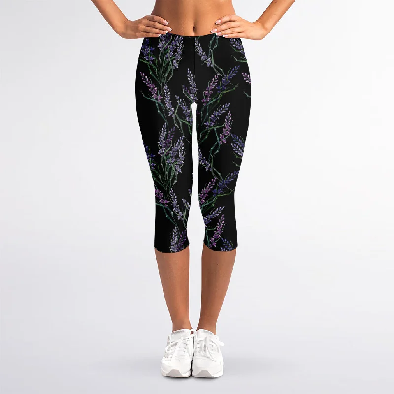 Embroidery Lavender Pattern Print Women's Capri Leggings