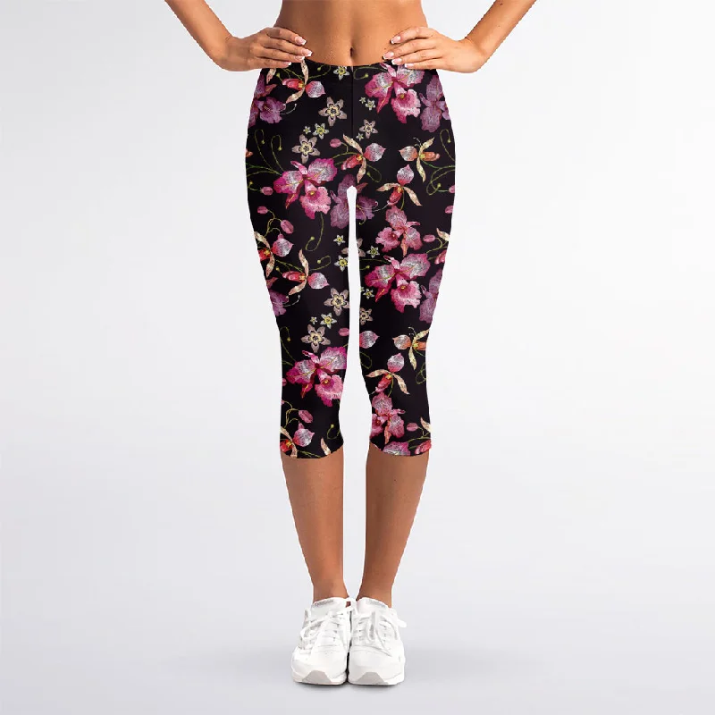 Embroidery Orchid Flower Pattern Print Women's Capri Leggings