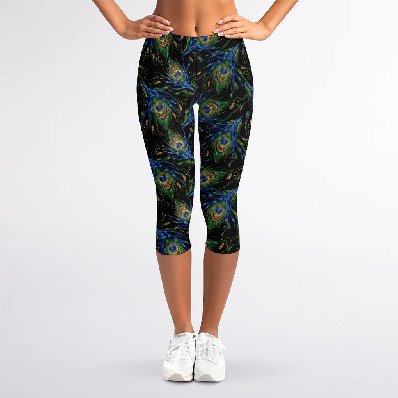 Embroidery Peacock Feather Print Women's Capri Leggings