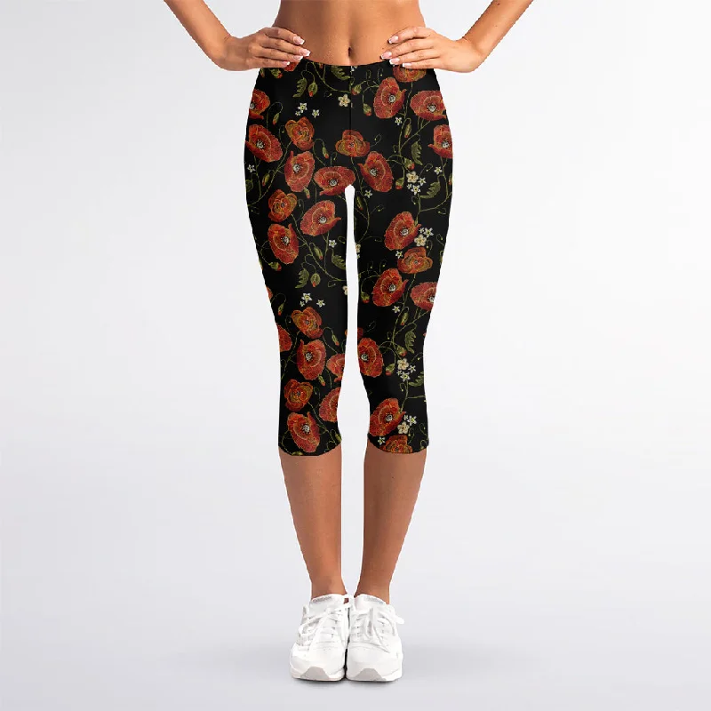 Embroidery Poppy Pattern Print Women's Capri Leggings