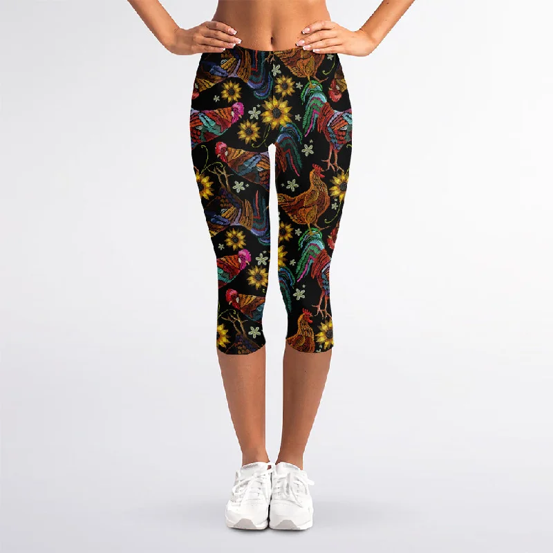 Embroidery Rooster Pattern Print Women's Capri Leggings