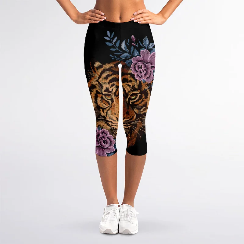 Embroidery Tiger And Flower Print Women's Capri Leggings