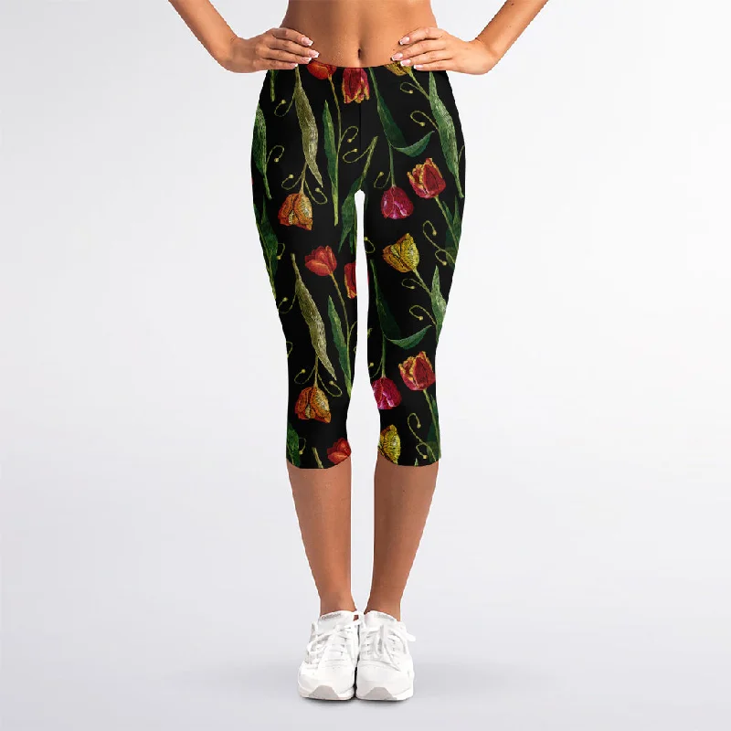 Embroidery Tulip Pattern Print Women's Capri Leggings