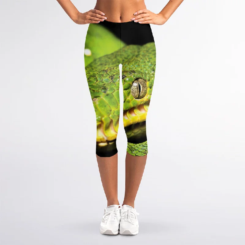 Emerald Tree Boa Snake Print Women's Capri Leggings