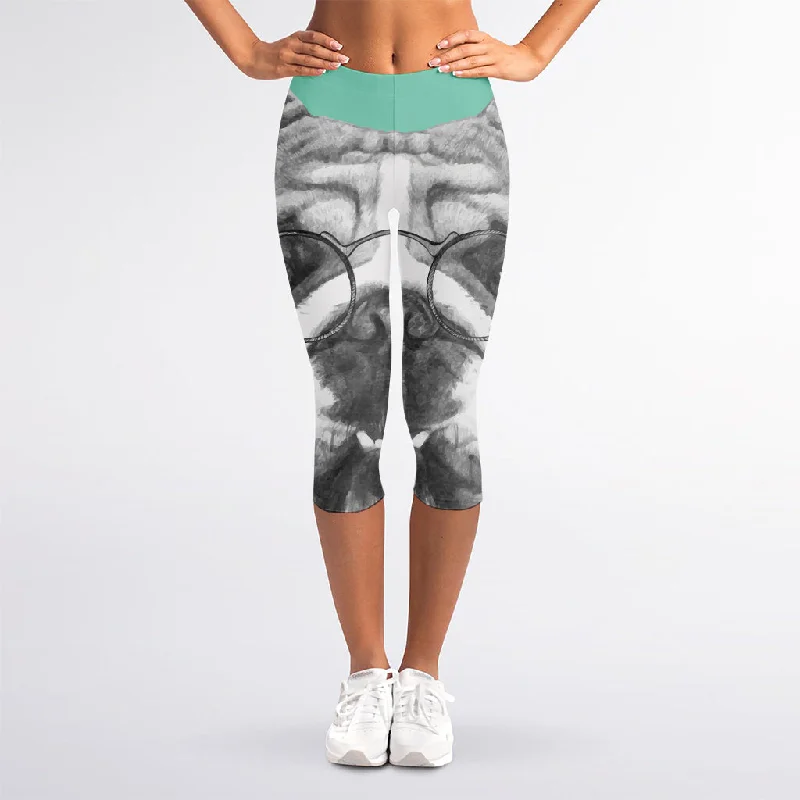 English Bulldog With Glasses Print Women's Capri Leggings