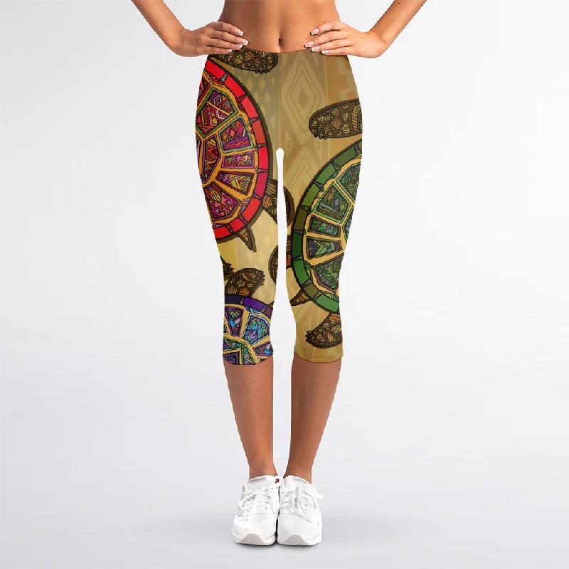 Ethnic Sea Turtles Print Women's Capri Leggings