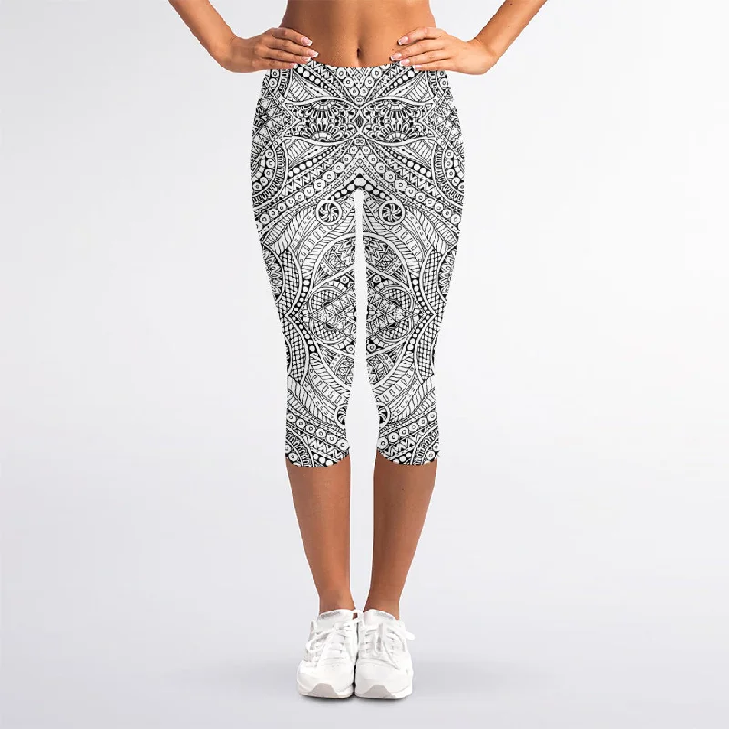 Ethnic Zentangle Pattern Print Women's Capri Leggings