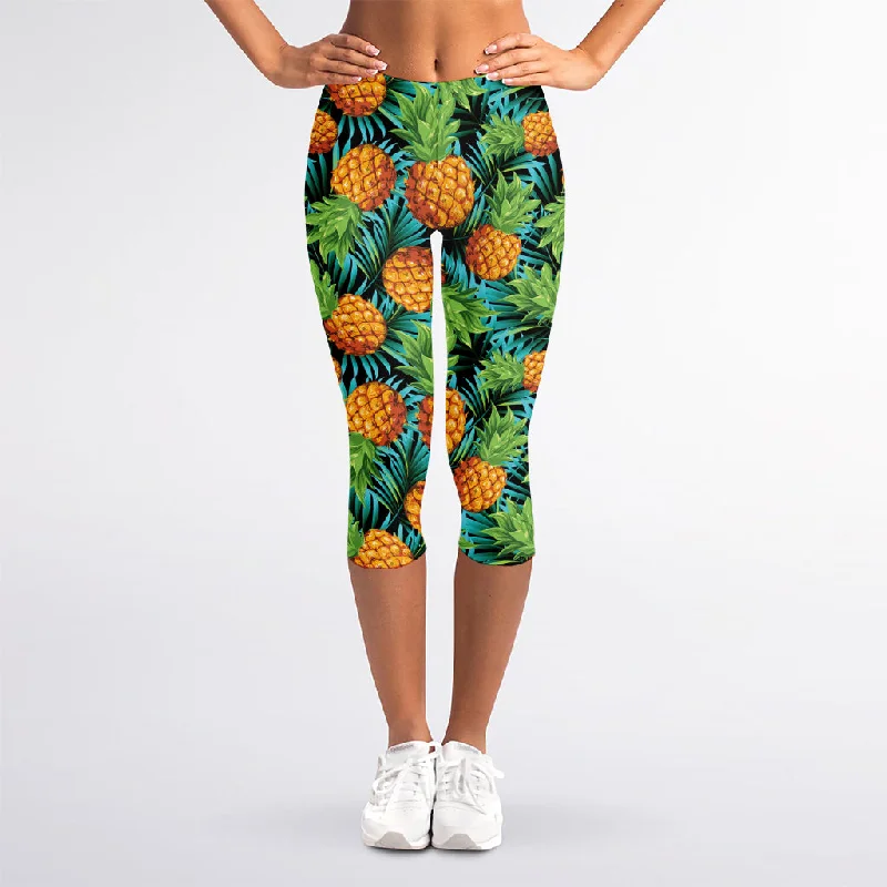 Exotic Tropical Pineapple Pattern Print Women's Capri Leggings