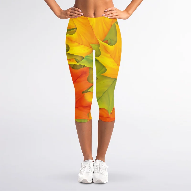 Fall Autumn Maple Leaves Print Women's Capri Leggings