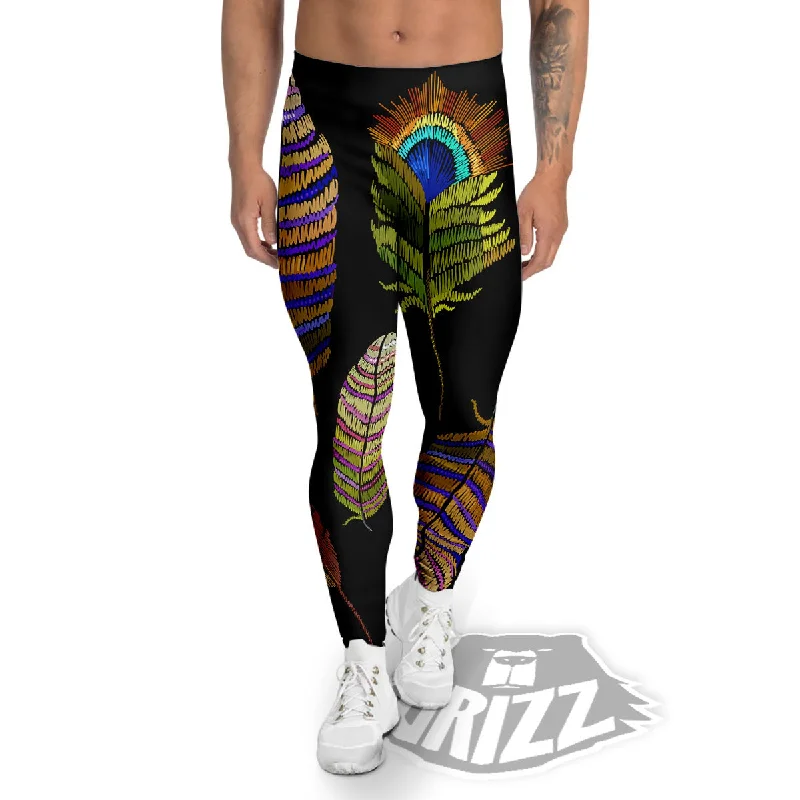 Savings Galore Feather Embroidery Peacock Print Men's Leggings