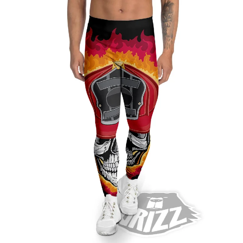 Hurry In Firefighter Skull Flaming Print Men's Leggings