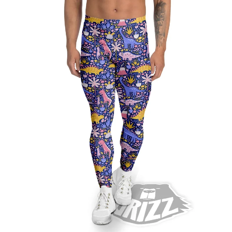 Must-Have Deals Floral And Cute Dinosaur Print Pattern Men's Leggings