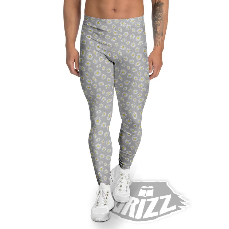 Clearance Items Floral Grey Daisy Print Pattern Men's Leggings
