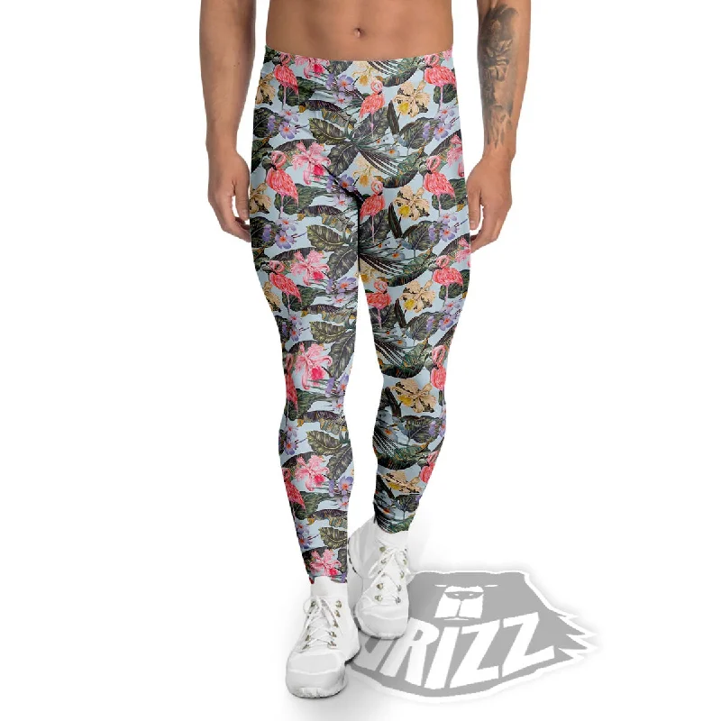 Act Now Floral Hawaiian And Flamingo Print Men's Leggings