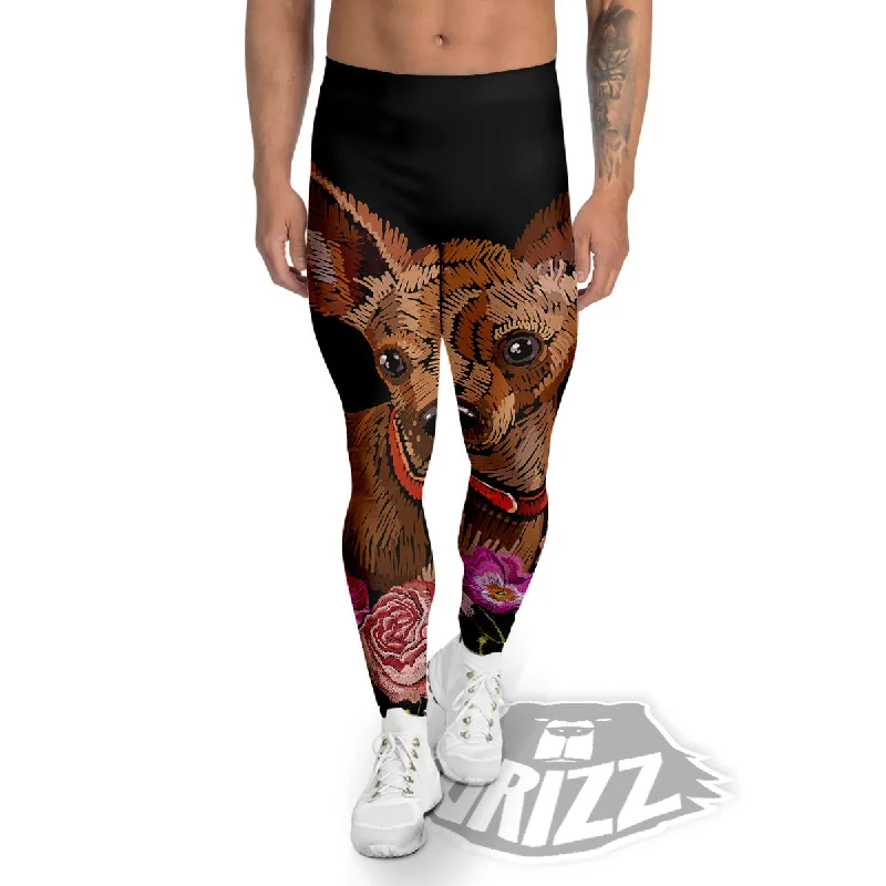 Super Sale Flower And Chihuahua Embroidery Print Men's Leggings