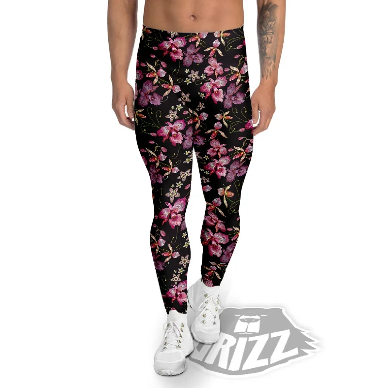 Price Reduction Flower Embroidery Orchid Print Pattern Men's Leggings