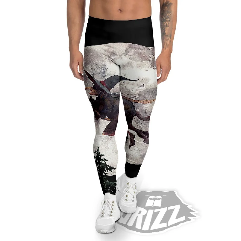 Price Smash Flying Witch Halloween Full Moon Print Men's Leggings