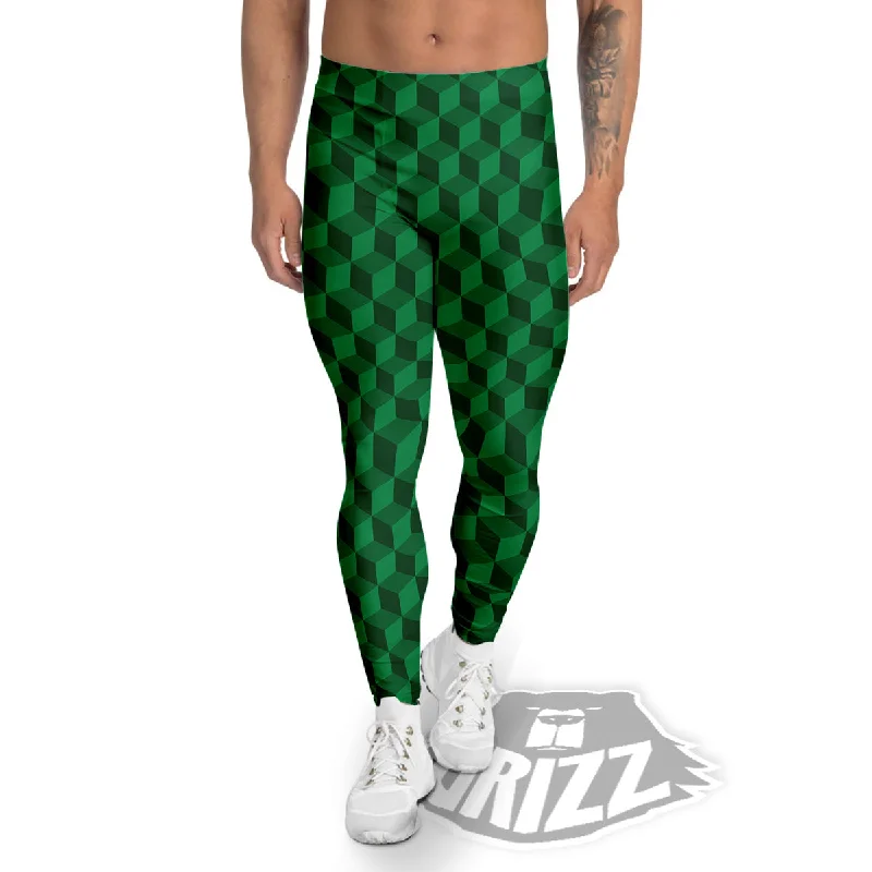 Stock Clearance Geometric Cube Dark Green Print Pattern Men's Leggings